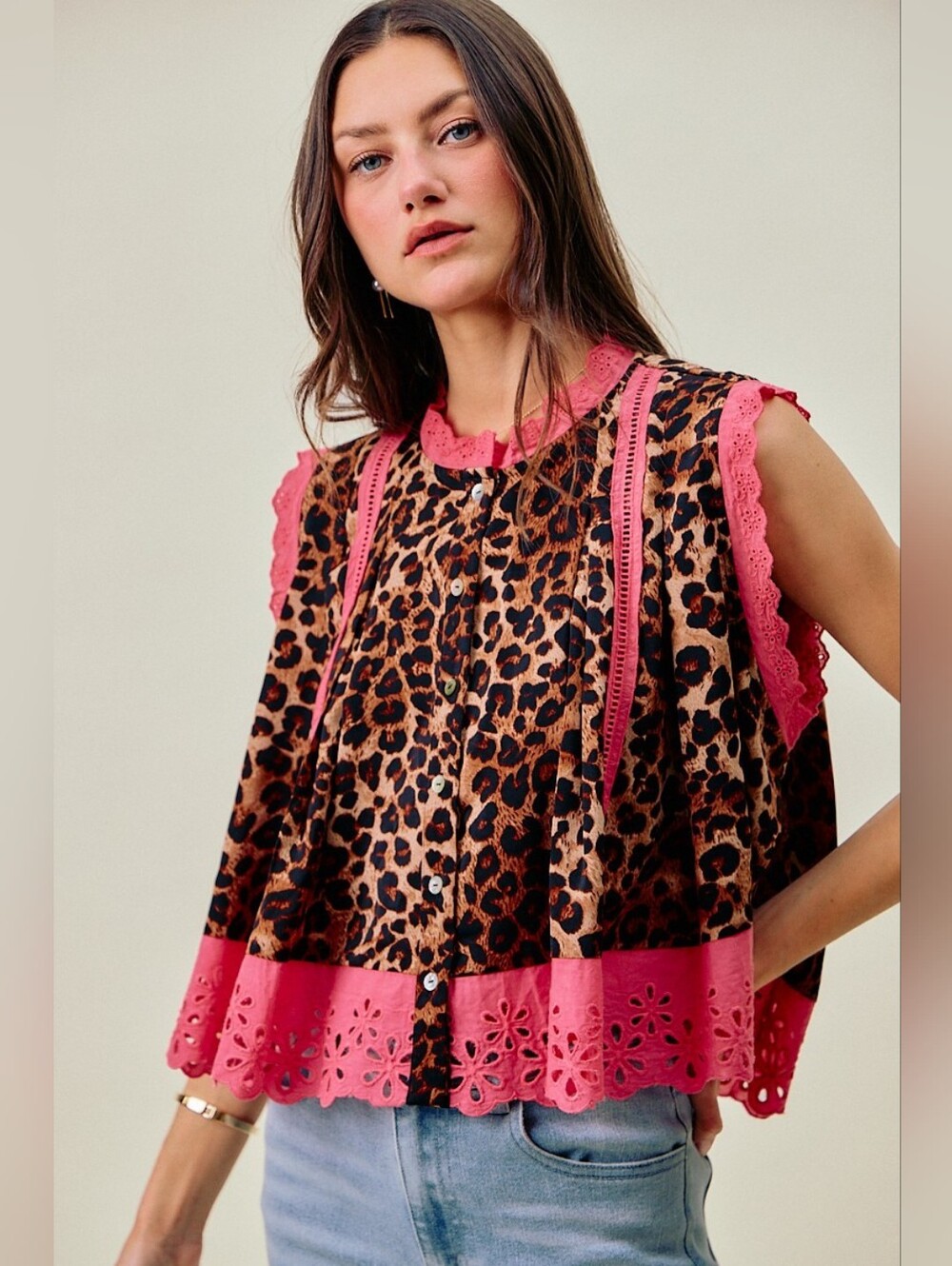 SO ME Leopard Button Up Pleated Sleeveless Blouse-Fast Shipping